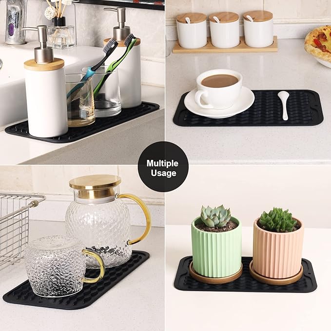 ZLR 2 Pcs Silicone Sponge Holder & Sink Caddy Tray (6" x 12") - Narrow Dish Drying Mat for Kitchen Counter - Waterproof Soap Dispenser Organizer, Non-Slip Bathroom Vanity Tray (Black) - Image 7