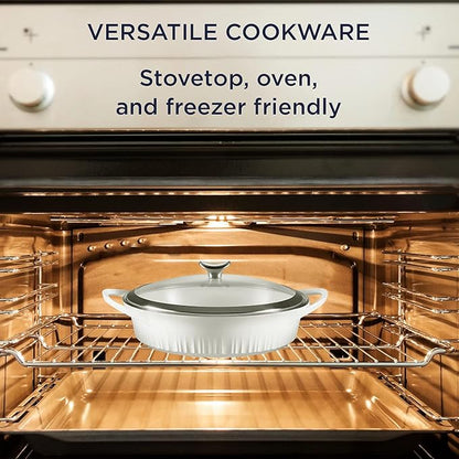 CorningWare QuickHeat 4-QT Cast Aluminum Braiser With Lid, Nonstick Ceramic Interior, Lightweight and Fast Even Heat Baking & Cooking, For Meats, Soup, Browning, Searing, French White