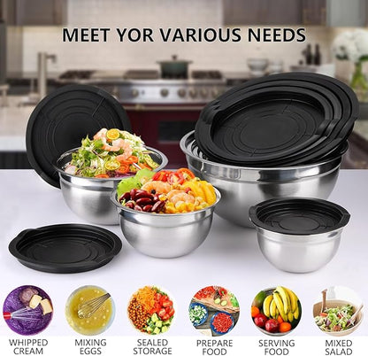 Leidawn Mixing Bowls with Lids set - 25 PCS Stainless Steel Nesting Black Mixing Bowls Set for Baking, Mixing, Serving & Prepping, Size 5, 3.7, 2.8, 2.3, 1.7, 1.1, 0.7QT, 11 Cooking Utensils - Image 7