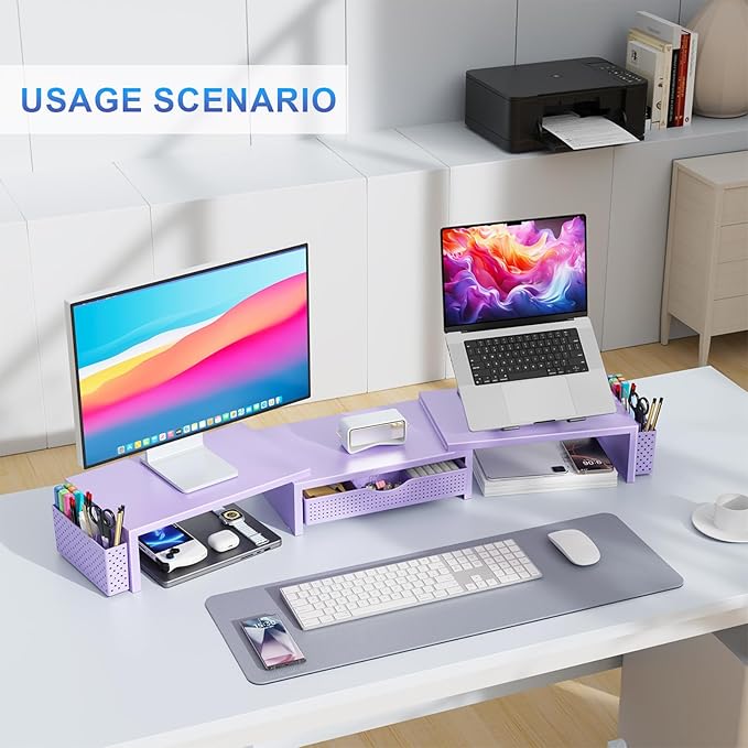 gianotter Dual Monitor Stand Riser, Desk Organizer With Drawer and 2 Pen Holders, Desk Organizers and Accessories, Purple Office Decor (Purple) - Image 5
