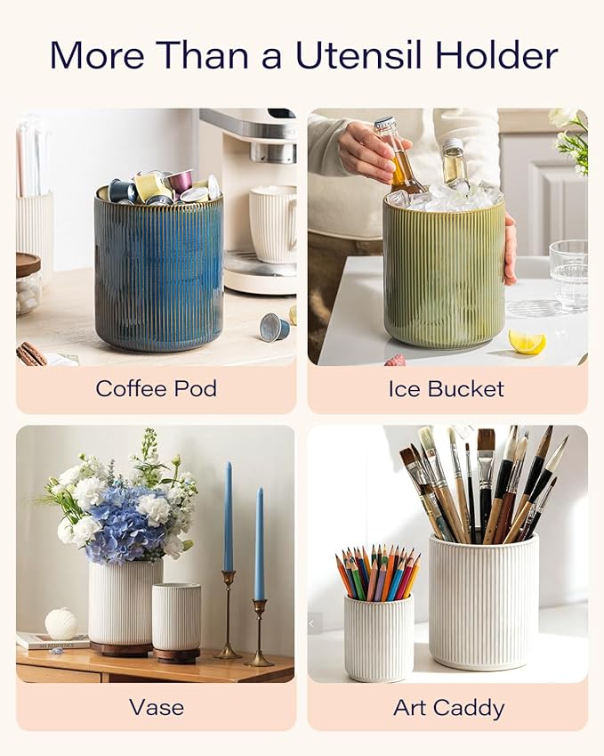 getstar Large Utensil Holder for Kitchen Counter,7.2" Vintage Ceramic Utensils Crocks Utensil Organizer for Spatula Farmhouse Kitchen Decor - Image 5