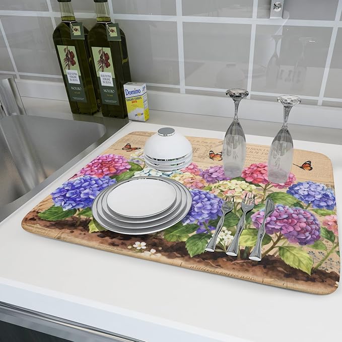 Vintage Flowers Dish Drying Mat Large 24 X18 Hydrangea Microfiber Drying Matt Kitchen Counter - Image 6