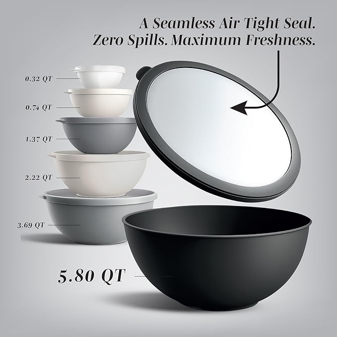 COOK WITH COLOR Mixing Bowls with TPR Lids - 12 Piece Plastic Nesting Set includes 6 Prep and Lids, Microwave Safe Bowl (Black Ombre) - Image 2
