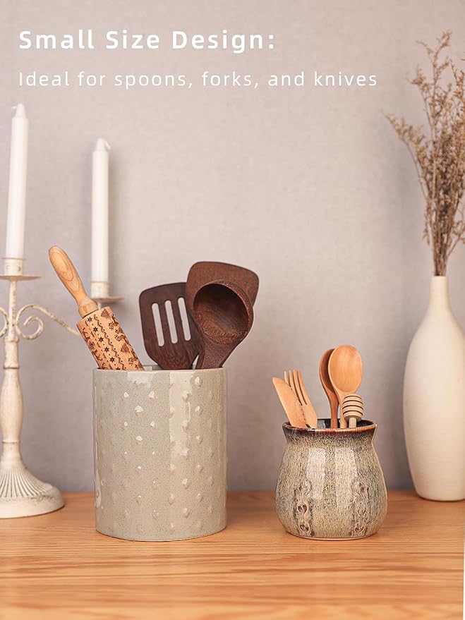 Ceramic Utensil Holder, Small Utensil Crock Ideal for Spoons, Forks and Knives, Easy to Clean 30 oz (Gradient Gray)