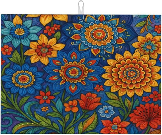 Colorful Mandala Dish Drying Mats for Kitchen Counter, Large 18"x24" Dish Mats for Drying Dishes, Microfiber Absorbent Dish Drying Pad Rack Mat Kitchen Decor Reusable Washable