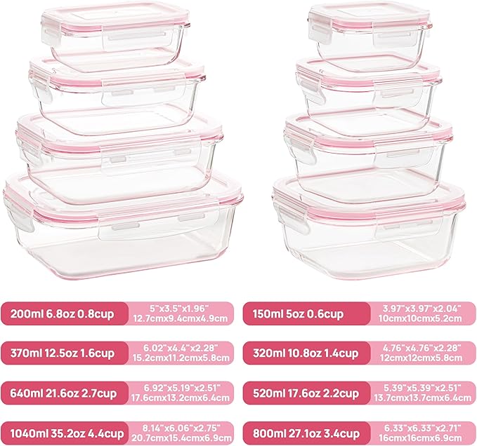 Vtopmart 8 Pack Glass Food Storage Containers with Airtight Lids, Glass Meal Prep Containers, Lunch Containers for Microwave, Oven, Freezer and Dishwasher, BPA Free - Image 2