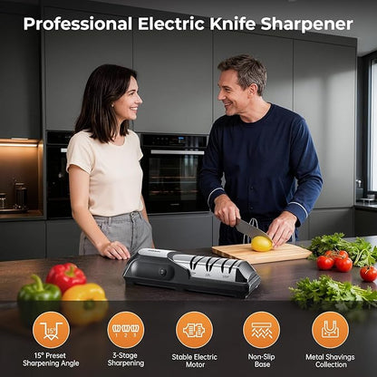 Kitchen Professional Electric Knife Sharpener: 3-Stage 100% Diamond Abrasives Knife Sharpeners with 15° Precision Angle Electric Steel Sharpening Tool to Restore/Polish Chef Knives - Image 2