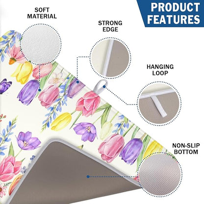 Spring Floral Dish Drying Mat for Kitchen Counter Easter Tulip Lavender Flower Microfiber Dish Drainer Mat Rustic Farmhouse Absorbent Washable Drying Pad Extra Large 18"x24"