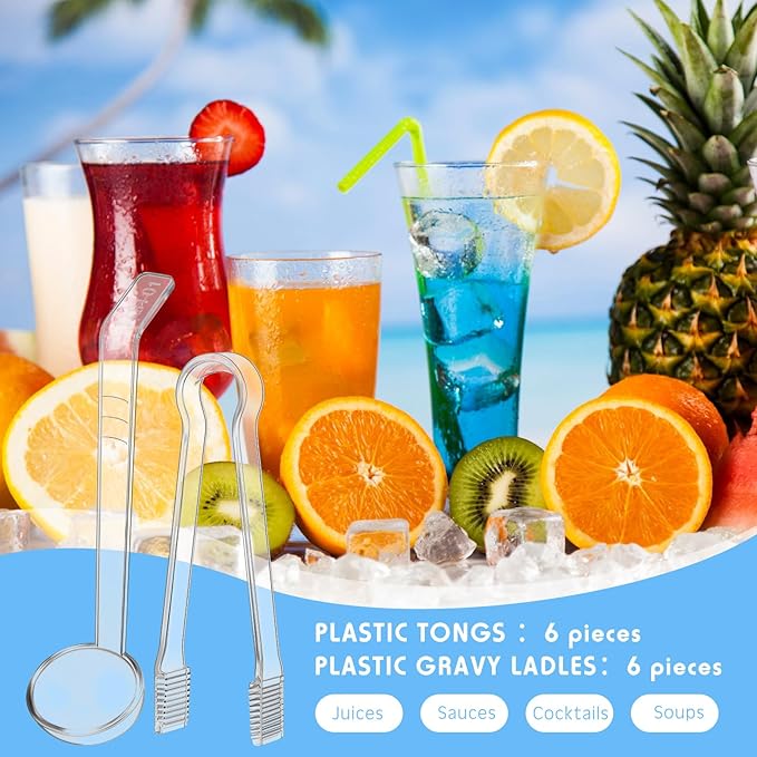 12 Pieces Plastic Serving Utensils Set Including 6 Pcs 1 oz Small Ladle and 6 Pcs Tong Acrylic Long Handle Ladle for Serving Sauce, Soup, Dressing, Punch Bowl, Gravy for Party Banquet Catering(Clear) - Image 3