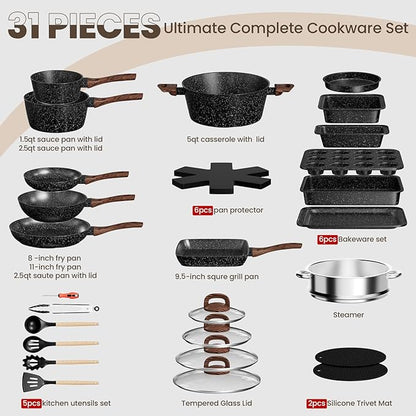 Pots and Pans Set Non Stick, 31 Piece Kitchen Induction Cookware & Bakeware Set, Nonstick Kitchen Cooking Pans Set with Frying Pans Set Grill Pan Saucepan Baking Sheet & Utensils, PFOA Free - Image 2
