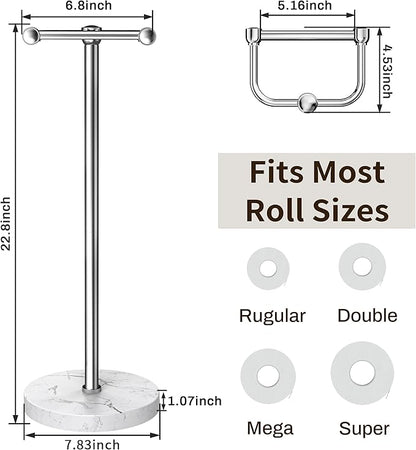 RARXTR Toilet Paper Holder Stand, Bathroom Free Standing Toilet Paper Stand with Modern Marble Base, Post Pivoting Toilet Paper Stand with Stainless Steel Tissue Rack, Rust-Proof & Heavy Base(Chrome)
