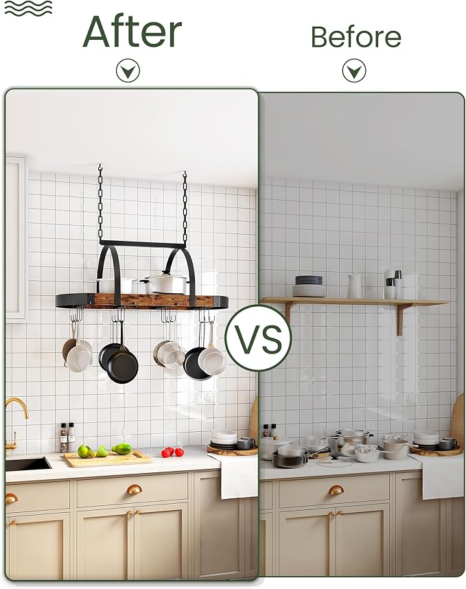 CHOEZON Hanging Pot Rack, Pot Hanger for Kitchen, Ceiling Mounted Pot Holder, Cookware Organizer with 12 S-Shaped Hooks, for Pot, Pan Storage, Space-Saving, Rustic Brown and Black TPR08BFC1 - Image 7