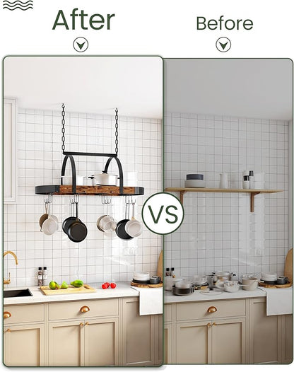 CHOEZON Hanging Pot Rack, Pot Hanger for Kitchen, Ceiling Mounted Pot Holder, Cookware Organizer with 12 S-Shaped Hooks, for Pot, Pan Storage, Space-Saving, Rustic Brown and Black TPR08BFC1 - Image 7