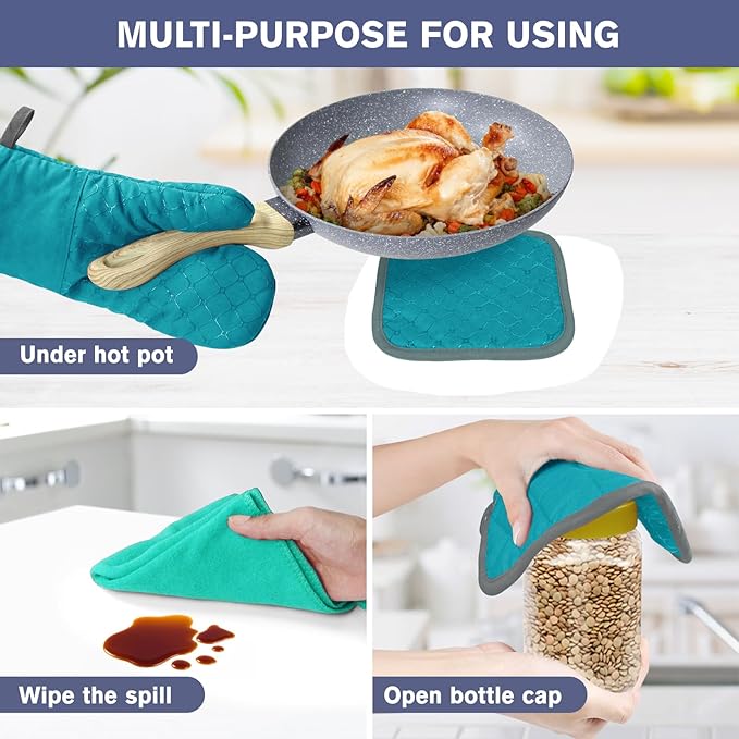 6 Pcs Oven Mitts and Pot Holders, 500℉ Heat Resistant Oven Mitts with Kitchen Towels Soft Cotton Lining and Non-Slip Silicone Surface Safe for Baking, Cooking, BBQ (Lake Blue) - Image 5