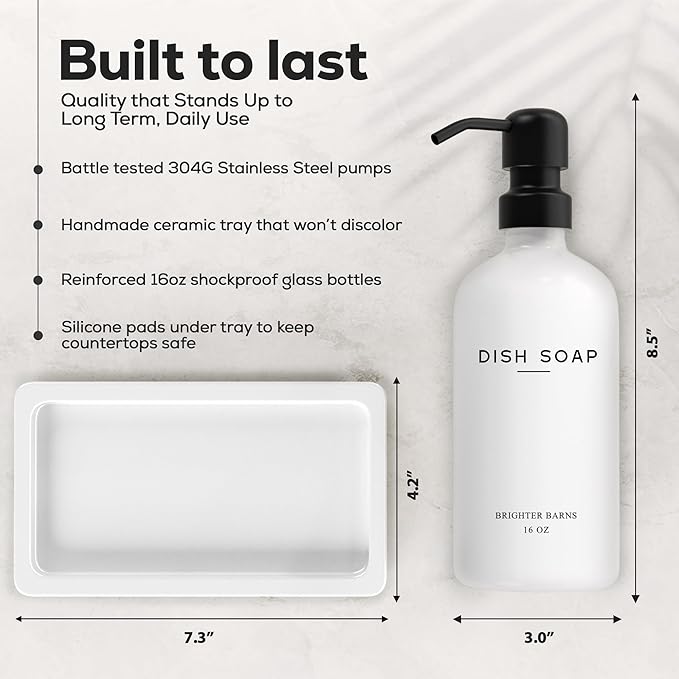 White Glass Hand and Dish Soap Dispenser Set by Brighter Barns - Kitchen Soap Dispenser Set with Tray for Kitchen, Home or Vacation Rental - Modern Kitchen Decor & Accessories (White) - Image 3