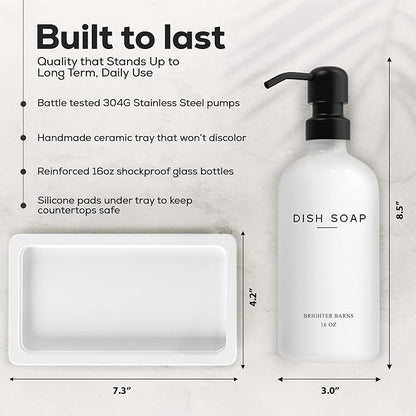 White Glass Hand and Dish Soap Dispenser Set by Brighter Barns - Kitchen Soap Dispenser Set with Tray for Kitchen, Home or Vacation Rental - Modern Kitchen Decor & Accessories (White) - Image 3