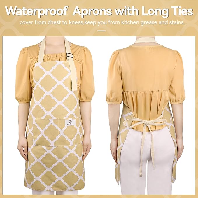 2 Pieces Aprons for Women with Pockets, Cotton Linen Waterproof Kitchen Cooking Aprons, Chef Apronfor Men Women with Adjustable Neck Strap and Long Ties(Blue/Yellow)