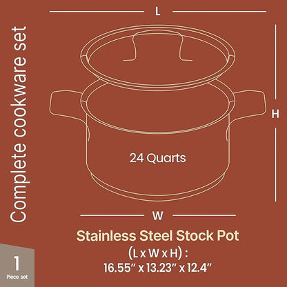 Stainless Steel Stockpot with Lid 24 Quart, Durable 18/8 Stainless Steel, Impact-Bonded Base for Even Heating, Riveted Handles, Oven & All Stove Compatible, Safe Up To 500°F (260°C) - Image 2