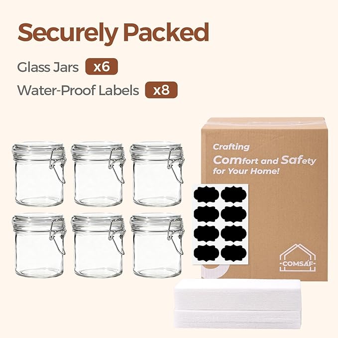 ComSaf 8oz Glass Jars with Airtight Lids (Set of 6), Cylindrical Jelly & Spice Jars for Pantry Organization, 240ml Small Canisters with Wire Clamp for Sourdough Discard, Jam, Honey & More - Image 8