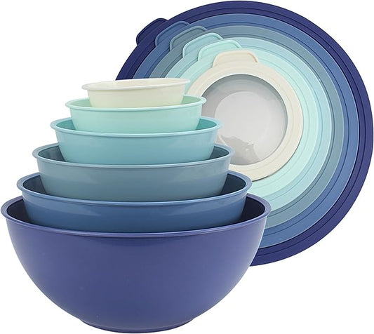 COOK WITH COLOR Mixing Bowls with TPR Lids - 12 Piece Plastic Nesting Bowls Set includes 6 Prep Bowls and 6 Lids, Microwave Safe (Blue) by CookwithColor