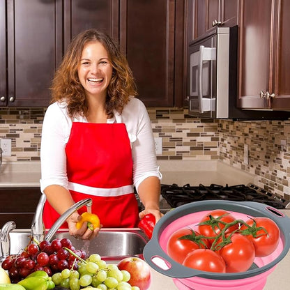 Pink Round Silicone Collapsible Colander – Small Silicone Round Kitchen Strainers with Plastic Handles Foldable Kitchen Strainer Perfect for Draining Pasta Vegetable and Fruit - Image 9
