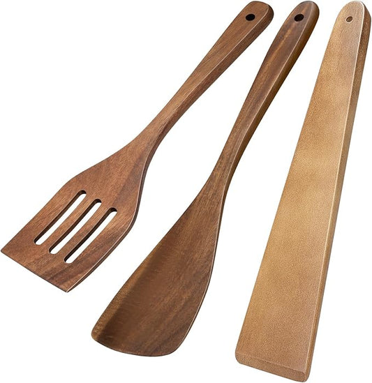 3Pcs Wooden Spatulas, Acacia Wood 12inch Long Handle Flat Frying Turner, Non-Stick Wooden Spoons for Cooking, Kitchen Utensils Set for Flipping, Scraping and Turning by Morgles