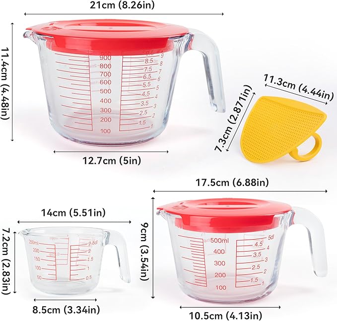 6 Pcs Glass Measuring Cups Set with Lids (Strainer Included) - 1-Cup/2-Cup/4-Cup Nesting Jugs with Easy-Grip Handles, Kitchen Liquid Measuring - Image 2
