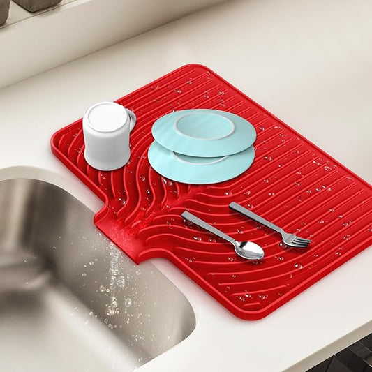 Dish Drying Mat for Kitchen Counter, with Built-in Drain Lip, Food-Grade Silicone, Easy Clean Pad for Countertop Protection, Multi-Functional Use (18x11.8, Red) by JACZZO