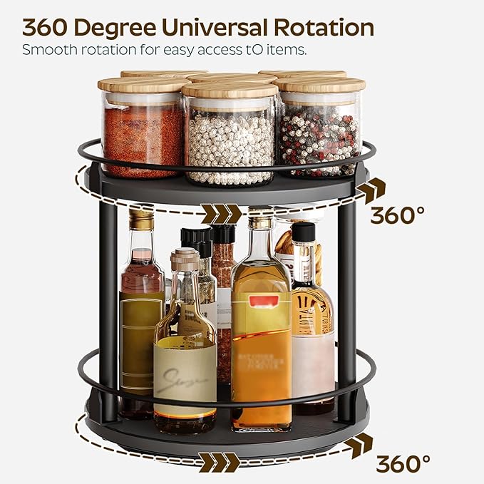 YATINEY Lazy Susan Organizer, Rotating Spice Rack, 2 Tier Spice Turntable Organizer, Industrial Turntable Spice Holder, for Kitchen Countertop and Cabinet, Compact and Versatile, Black SR22BK - Image 3