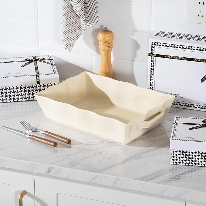 Sweejar Casserole Dishes for Oven, Ceramic 9x13 Baking Dish, Wave Edge Bakeware with Handles, Large Rectangular Lasagna Pan Deep for Roasting, Baking, Cooking, Banquet and Daily Use (Beige) - Image 6