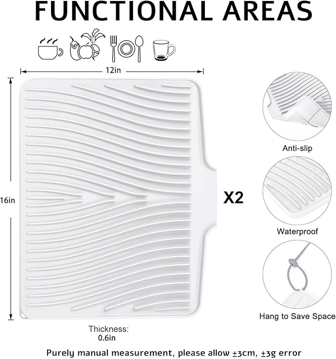 TIKNIK Silicone Dish Drying Mat, Stone Drying Mat for Kitchen Counter with Built-In Drain, Non-Slip Drain Pad with Built-in Drain, Heat Resistant Stone Drying Mat, Hangable, White-2pcs, 16" x 12" - Image 2
