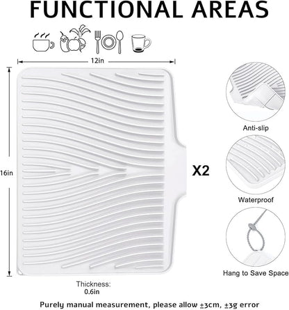 TIKNIK Silicone Dish Drying Mat, Stone Drying Mat for Kitchen Counter with Built-In Drain, Non-Slip Drain Pad with Built-in Drain, Heat Resistant Stone Drying Mat, Hangable, White-2pcs, 16" x 12" - Image 2