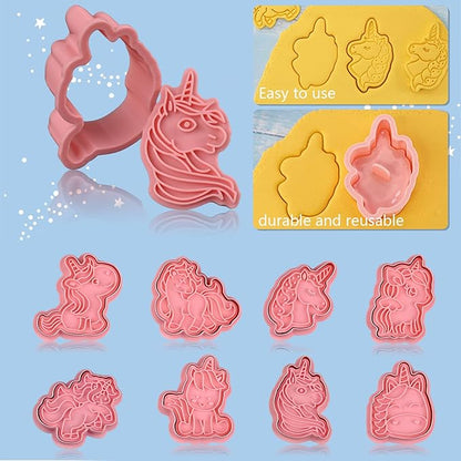 8 Piece Unicorn Cookie Cutter Set With Plunger Stamps - Unicorn Head Embossing Stamps For Biscuit Fondant Cheese Baking