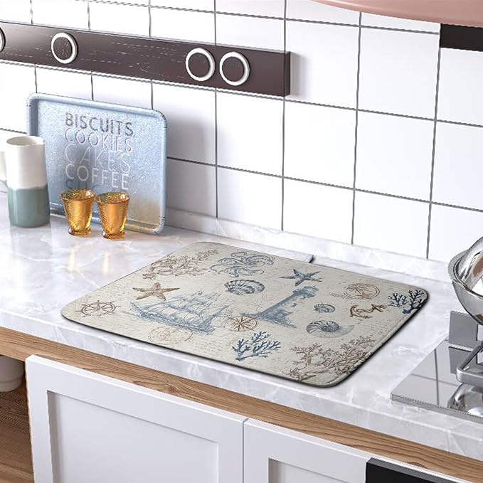 Nautical Coastal Dish Drying Mat for Kitchen Counter Summer Ocean Sailboat Starfish Seashell Absorbent Microfiber Dish Mat Reusable Washable Dish Drainer Rack Mat 16x18 Inch - Image 5