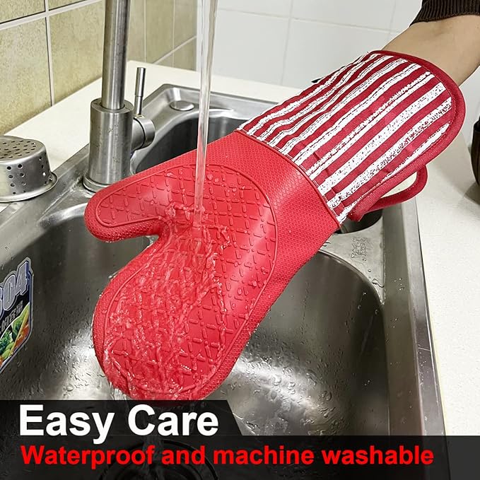 Alselo Silicone Oven Mitts Heat Resistant 932℉ with Waterproof & Non-Slip Kitchen Mittens, Set of 2 Extra Long Oven Gloves with Soft Cotton Terry Lining for Baking Cooking Barbecue (2, Red Mitts) - Image 6