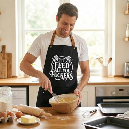 INNORU I'll Feed All You Fuckers Sign Apron with Pockets, Funny Cooking Baking Barbecue Apron Adjustable, Oilproof Ideal Kitchen Supplies