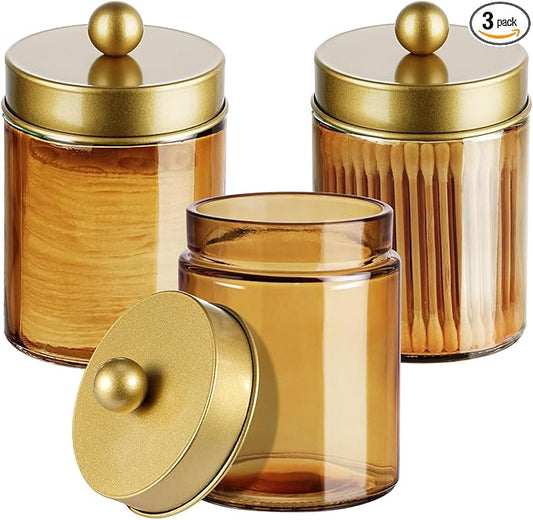 3 Pack Apothecary Jar Canisters Bathroom Vanity Organizer - Qtip Holder Storage Organizer Set Countertop Canister with Stainless Steel Lids &Cute Stickers for Qtips,Cotton Swabs,Makeup Sponges,Floss
