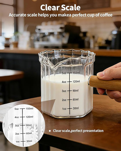 Espresso Measuring Cup 5 Oz, Espresso Glass Cups with Wood Handle, Milk Frothing Cup, Espresso Cup for Coffee, Milk, Tea or Maple Syrup Serving (Transparent, 5 oz)