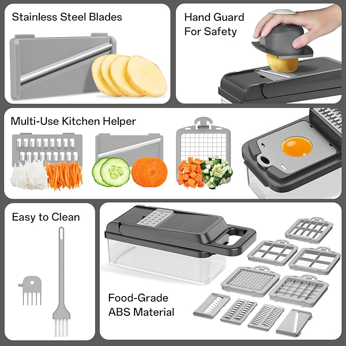 HomeHacks Vegetable Chopper Vegetable Cutter, 15 in 1 Kitchen Gadget, Dicer, Slicer, Onion Cutter, Salad, Cheese Grater & Egg Separator - Multi-Functional Veggie Chopper Lid with Handle (Grey) - Image 5