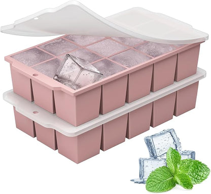 Silicone Ice Cube Tray with Locks Lids, Easy Release Flexible 15 Square Ice Trays for Freezer, Stackable & Reusable Ice Cube Mold for Whiskey, Cocktails, Baby Food, BPA Free, 2 Pack (Pink)