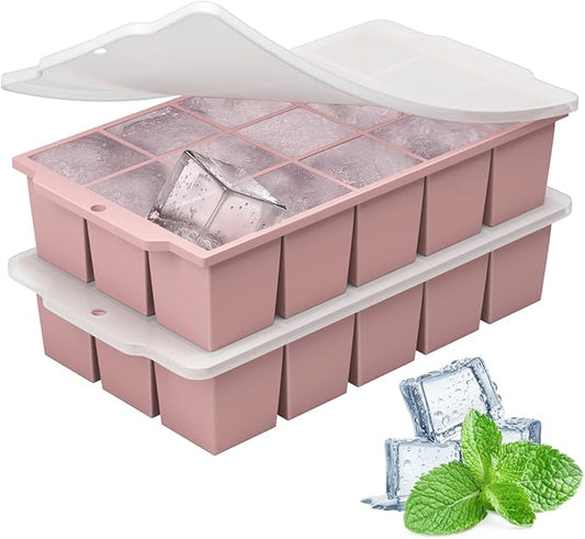 Silicone Ice Cube Tray with Locks Lids, Easy Release Flexible 15 Square Ice Trays for Freezer, Stackable & Reusable Ice Cube Mold for Whiskey, Cocktails, Baby Food, BPA Free, 2 Pack (Pink)