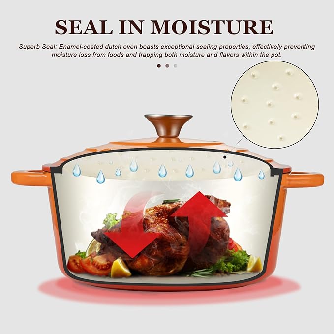 Overmont Enameled Cast Iron Dutch Oven - 7QT Pot with Lid Cookbook & Cotton Potholders - Heavy-Duty Cookware for Braising, Stews, Roasting, Sourdough Baking orange - Image 2