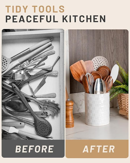 Nucookery 6.4'' Utensil Holder - Ceramic Utensil Holder for Kitchen Counter, Large Capacity Countertop Storage, Farmhouse Style Utensil Crock Organizer for Spoons, Spatulas & Cooking Tools - Image 5
