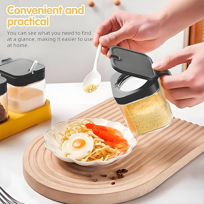 Condiment Jar Spice Container with Lids and Spoons, Kitchen Spice Pot Set of 3, 11oz Clear Glass Condiment Pot with Tray, Kitchen Salt Pepper Sugar Storage Container Jar (black, 300ml)