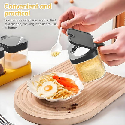 Condiment Jar Spice Container with Lids and Spoons, Kitchen Spice Pot Set of 3, 11oz Clear Glass Condiment Pot with Tray, Kitchen Salt Pepper Sugar Storage Container Jar (black, 300ml)
