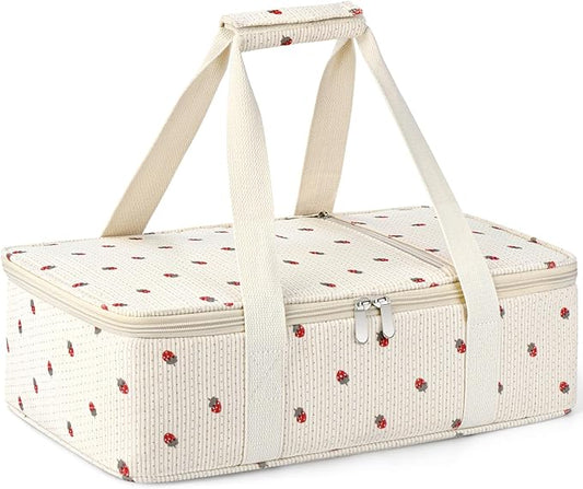 Insulated Casserole Carrier for Hot or Cold Food,Pie Carrier Bag Lunch Bag Tote for Potluck Parties/Picnic/Cookouts, Fits 9"x13" Baking Dish,Single Corduroy Strawberry