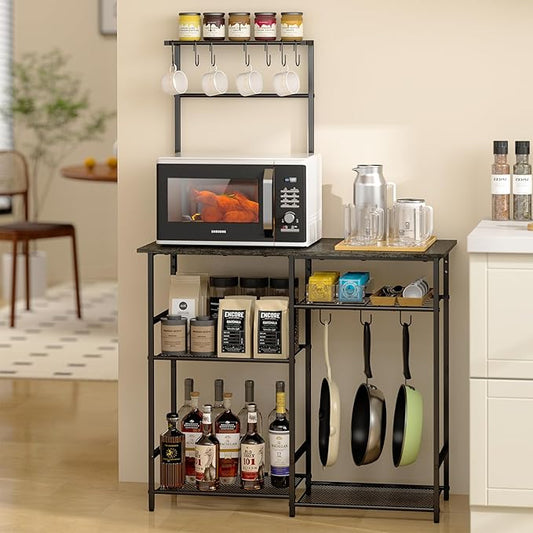 3IngSeagulls Baker's Rack for Kitchen with Storage, Microwave Stand with Adjustable Shelves, Kitchen Stand with 10 S Hooks, 6-Tier Coffee Bar Station, Storage Shelves for Spices, Pots, Gray