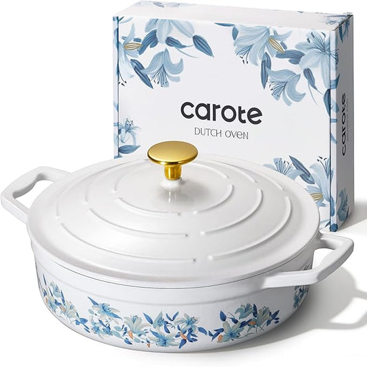 CAROTE 3.5QT Shallow Dutch Oven Enameled Cast Iron Braiser, White & Blue by CAROTE