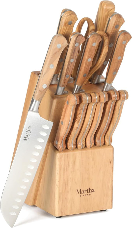 Martha Stewart Austenwood 15-Piece Knife Block Set, German Stainless Steel Kitchen Knives with Forged Italian Olive Wood Handle
