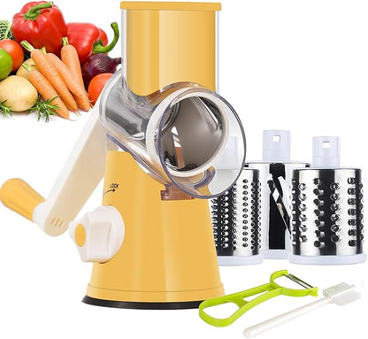 Ourokhome Rotary Cheese Grater Hand Crank, Kitchen Shredder Speed Mandolin Slicer Nut Grinder with Handle and Drum Blades for Cheese, Vegetable, Walnut, Chocolate, Potato, Carrot, 3 Blades, Yellow by Ourokhome